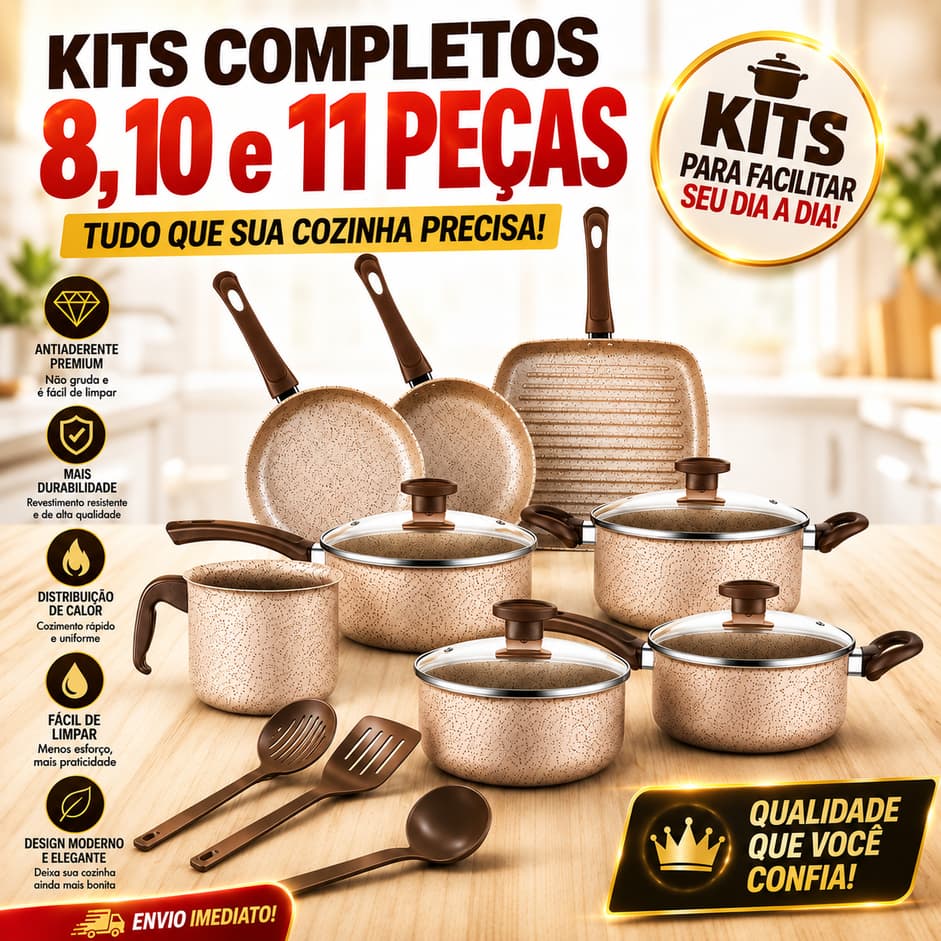 Jogo de Panelas Antiaderente, Kit com 8, 10 ou 11 Peças - Com Tampas de Vidro e Utensílios